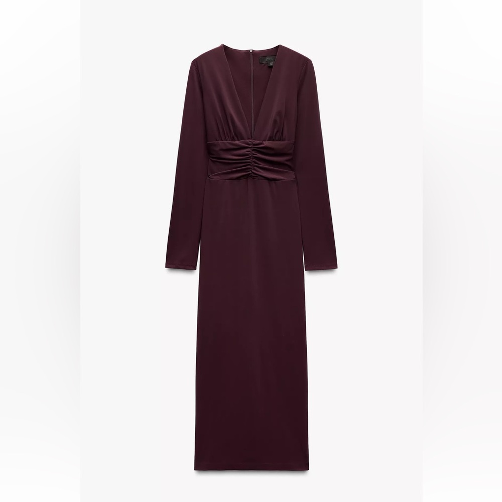 Zara Long Sleeve Ruched Waist V-Neck Dress - Plum Size M